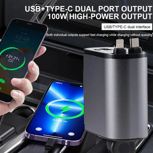 100w 4 IN 1 Retractable Car Charger USB Type C Cable For IPhone Huawei Samsung Fast Charge Cord Cigarette Lighter Adapter